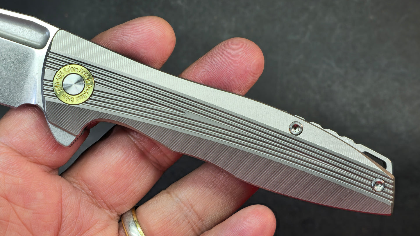 TwoSun TS39 Blue / Gray Titanium Handle M390 Plain Edge (NEW)