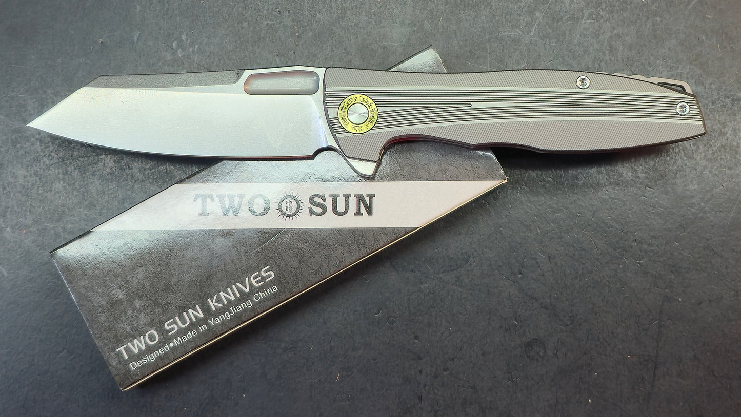 TwoSun TS39 Blue / Gray Titanium Handle M390 Plain Edge (NEW)