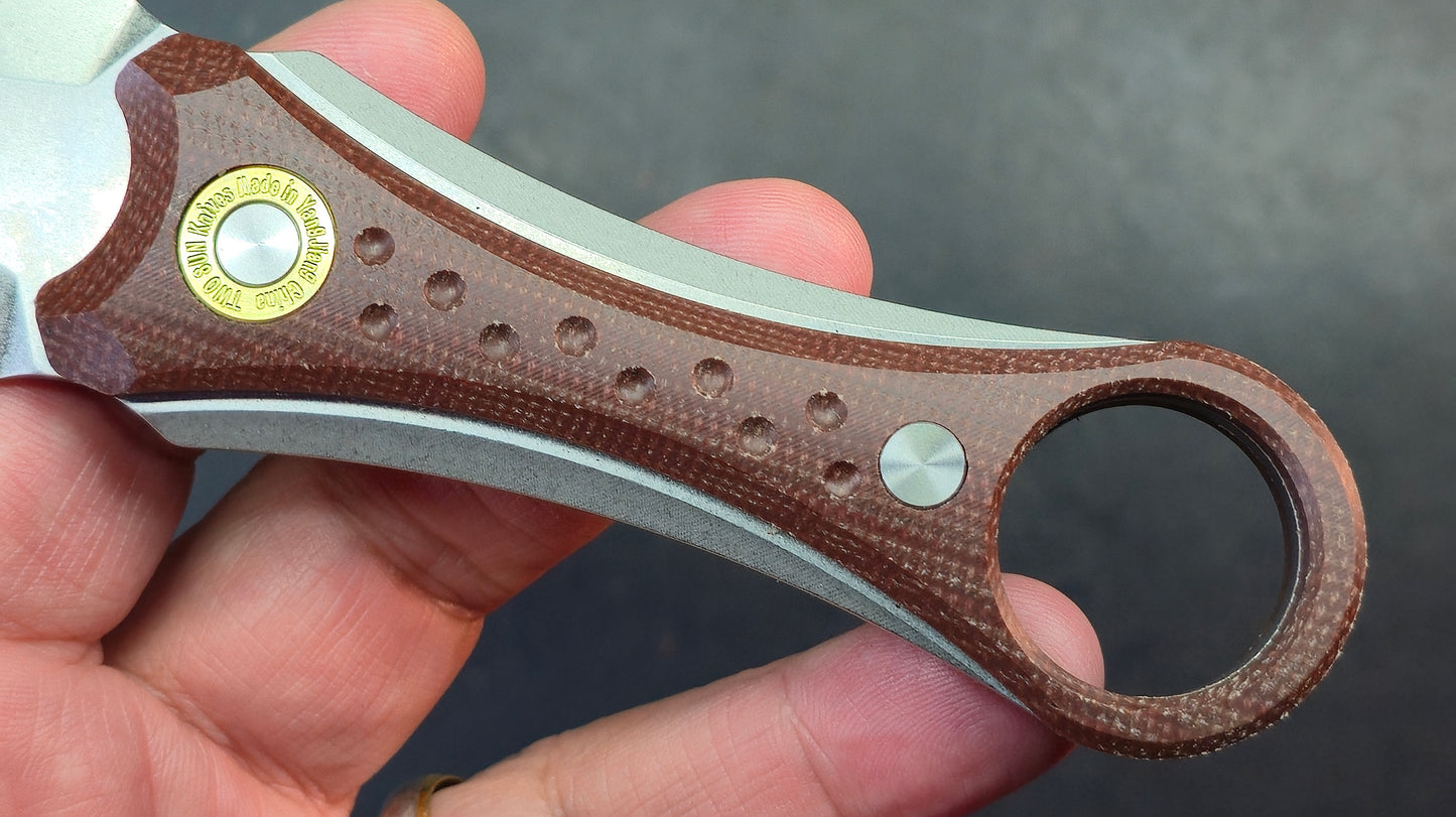 TwoSun TS610 Fixed Blade Knife Brown Micarta Handle Double Edge D2