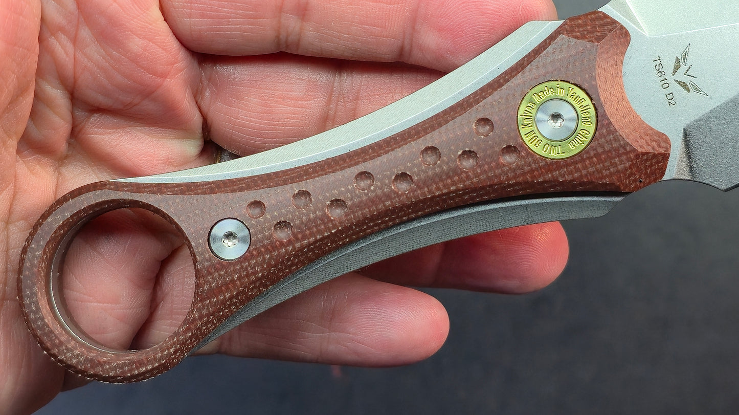 TwoSun TS610 Fixed Blade Knife Brown Micarta Handle Double Edge D2