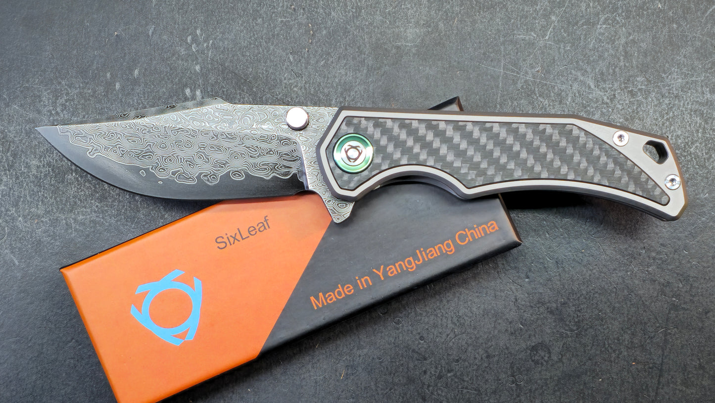 SixLeaf SL-89 Titanium/CF Black Damascus-VG10 Blade