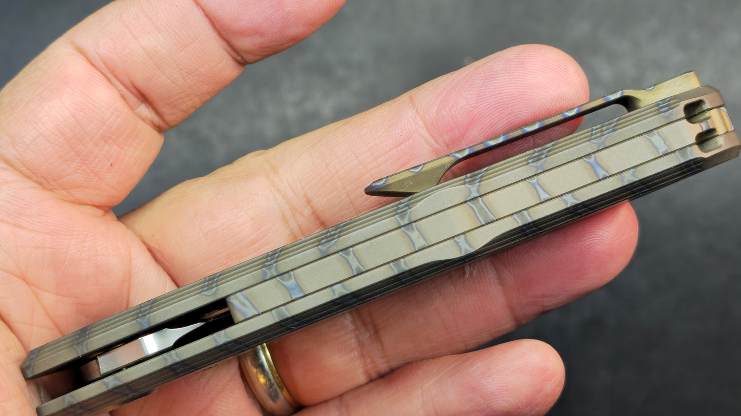 KB Mantra Folding Knife Flame Ano Titanium Handle M390