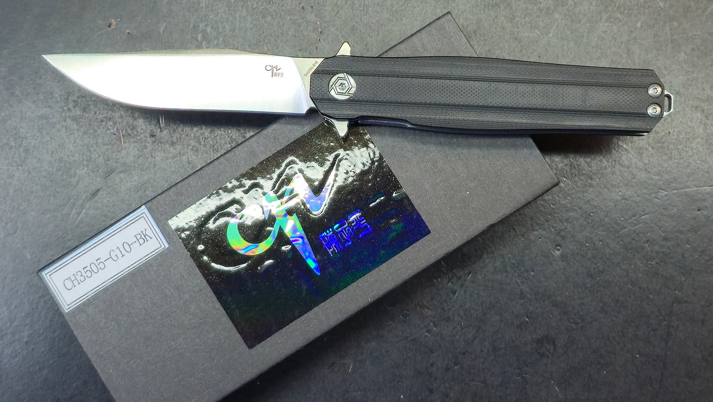 CH Knives 3505BK Linerlock Knife Black G10 D2