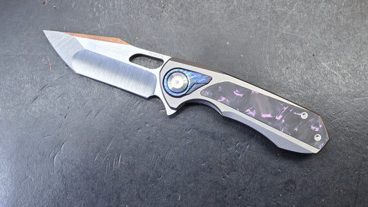 Remette Knives RT-Saker Falcon Button FRAME LOCK Titanium and Carbon Fiber Handle M390 Blade