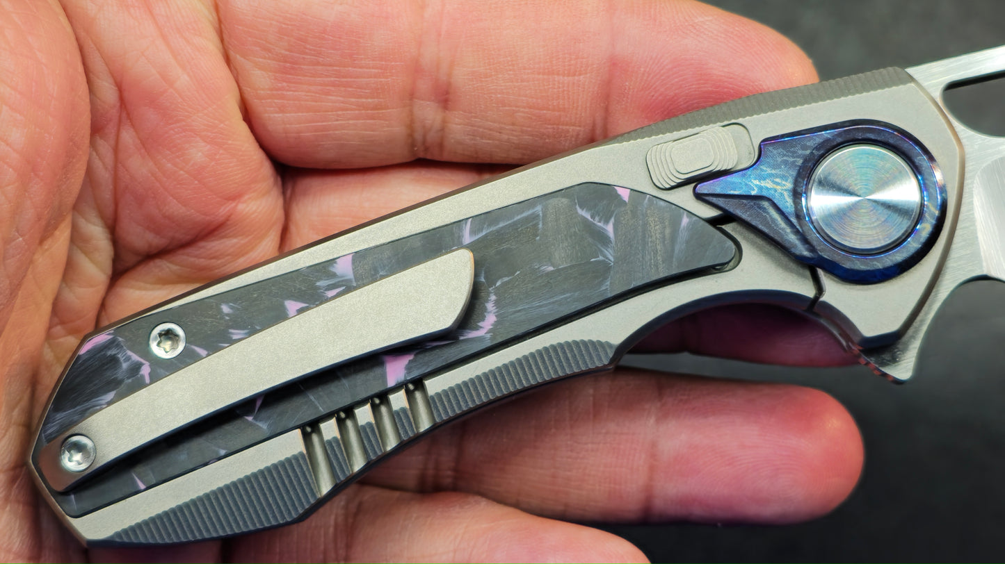 Remette Knives RT-Saker Falcon Button FRAME LOCK Titanium and Carbon Fiber Handle M390 Blade