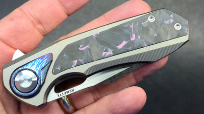 Remette Knives RT-Saker Falcon Button FRAME LOCK Titanium and Carbon Fiber Handle M390 Blade