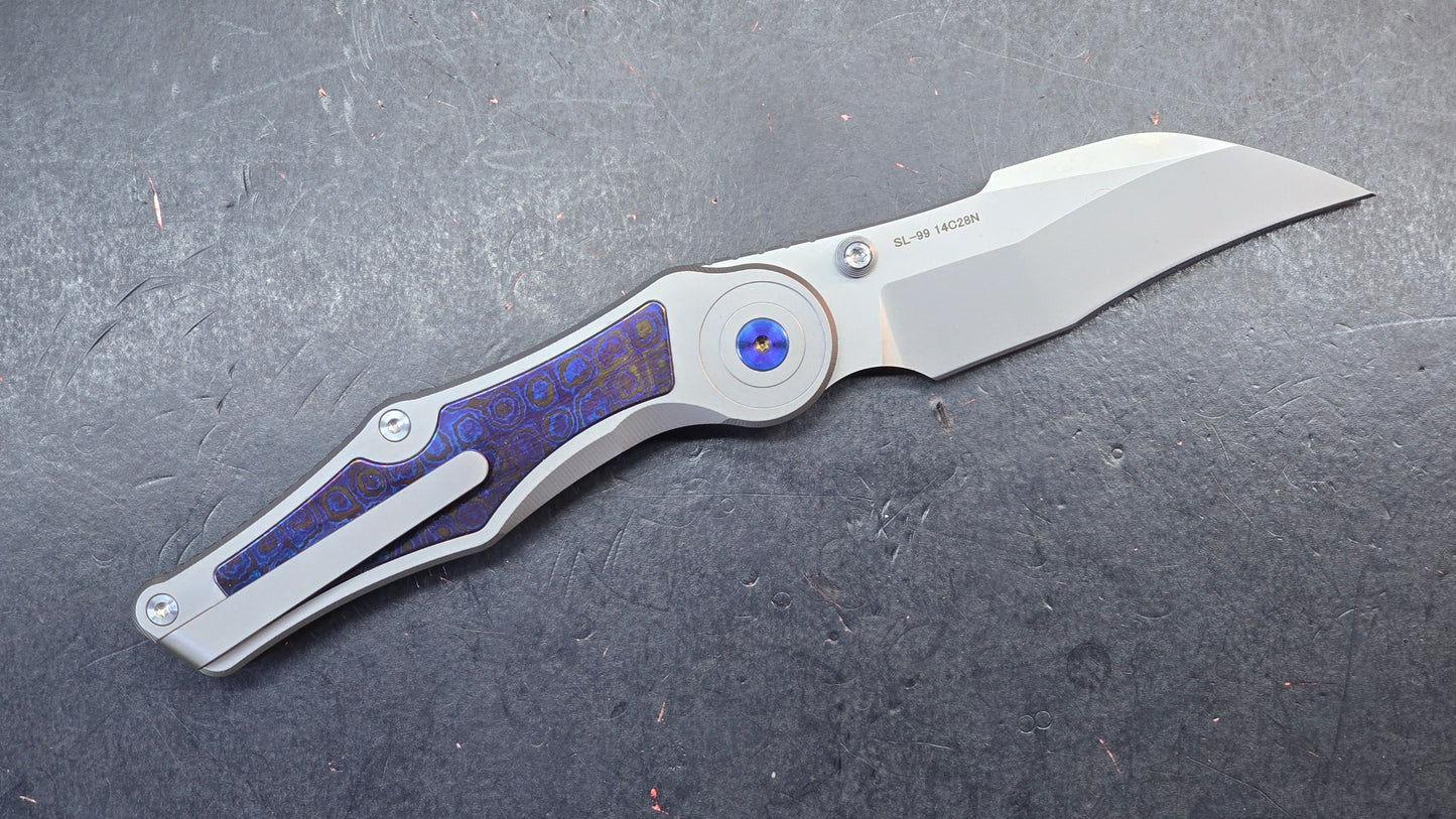 Sixleaf SL-99 Button Lock Blue Ano / TiDamascus 14C28N (SALE price in cart)