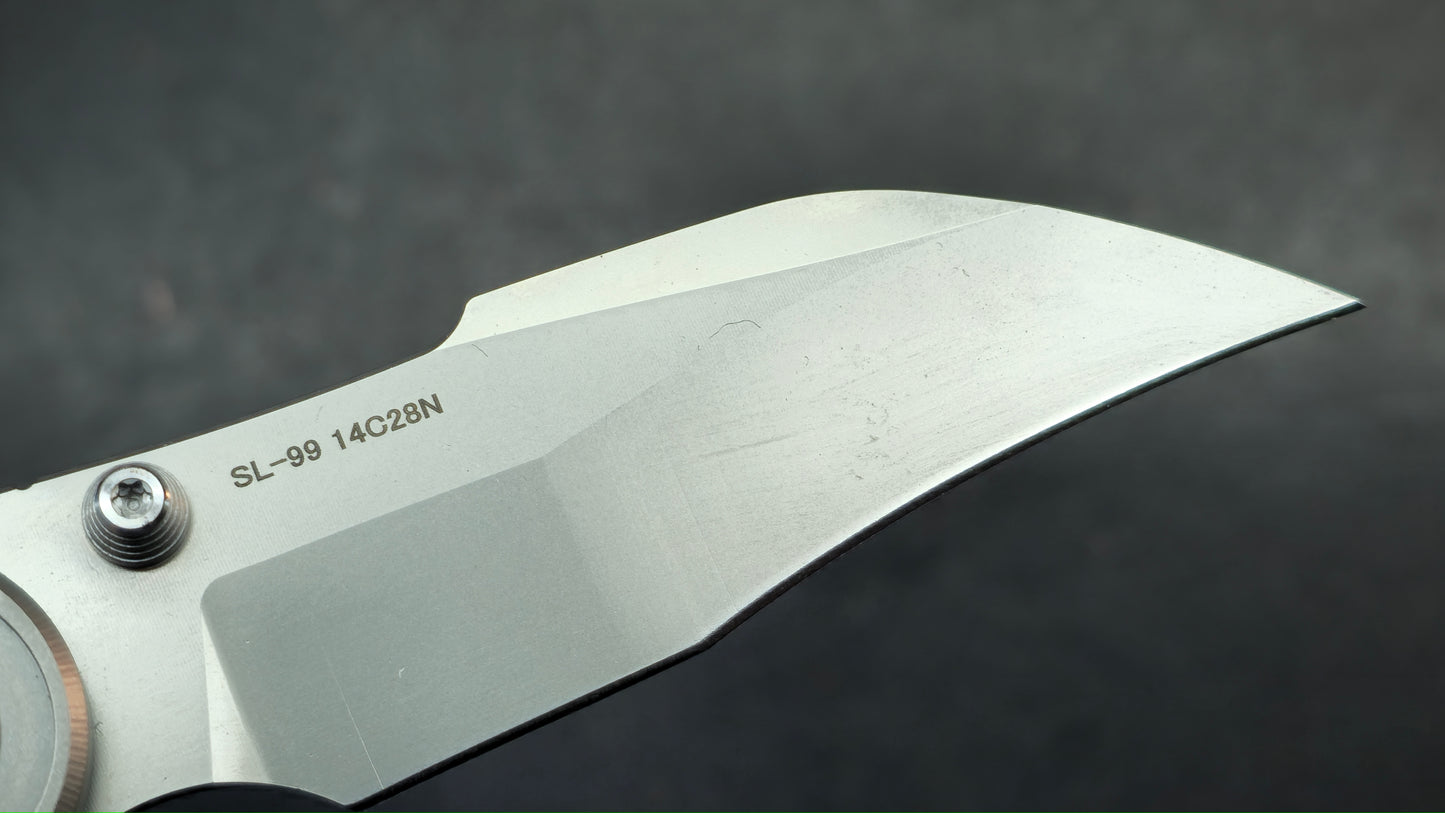 Sixleaf SL-99 Button Lock Blue Ano / TiDamascus 14C28N (SALE price in cart)