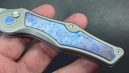 Sixleaf SL-99 Button Lock Blue Ano / TiDamascus 14C28N (SALE price in cart)