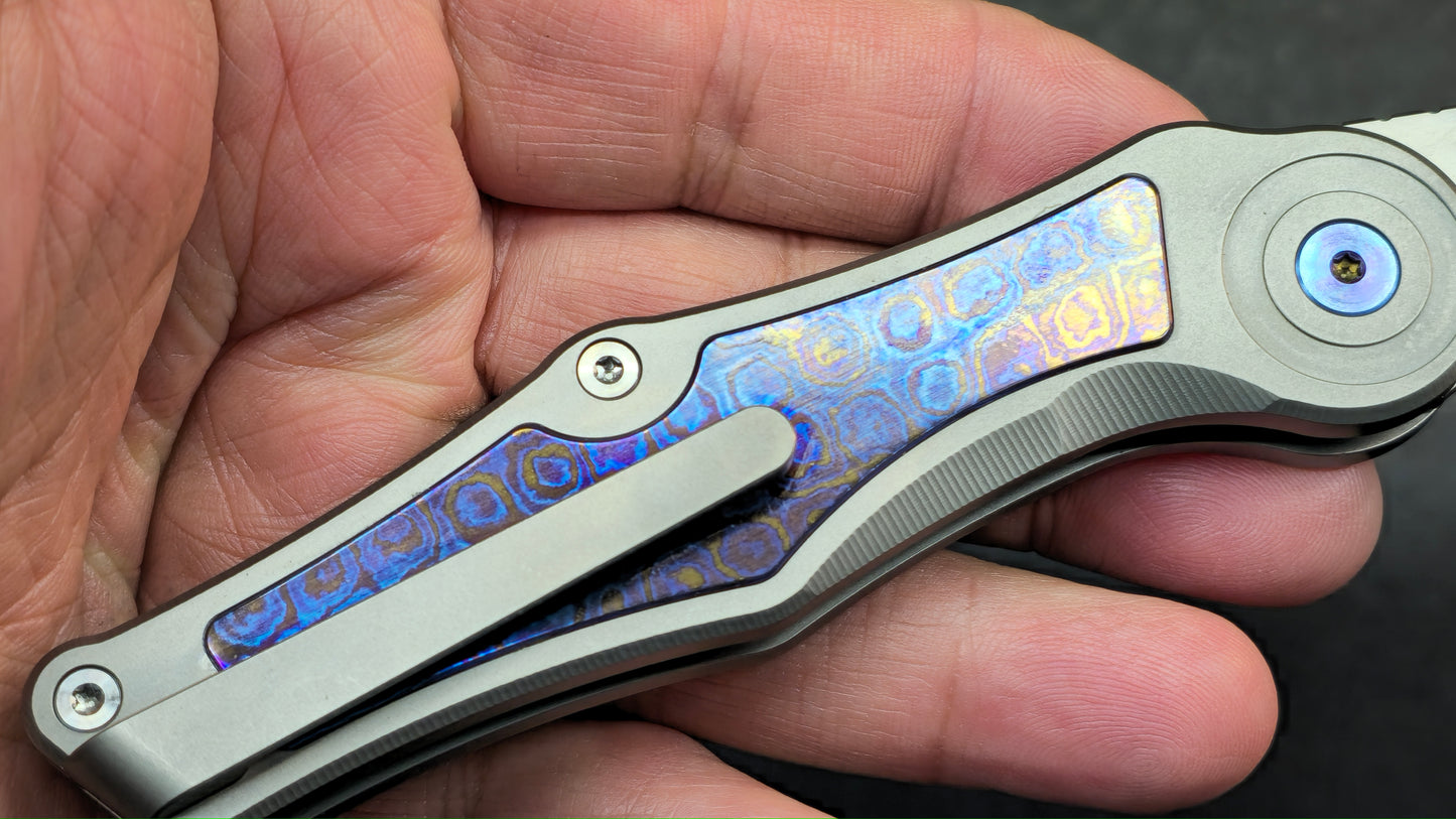 Sixleaf SL-99 Button Lock Blue Ano / TiDamascus 14C28N (SALE price in cart)