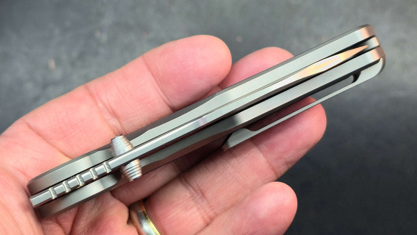 Sixleaf SL-99 Button Lock Blue Ano / TiDamascus 14C28N (SALE price in cart)