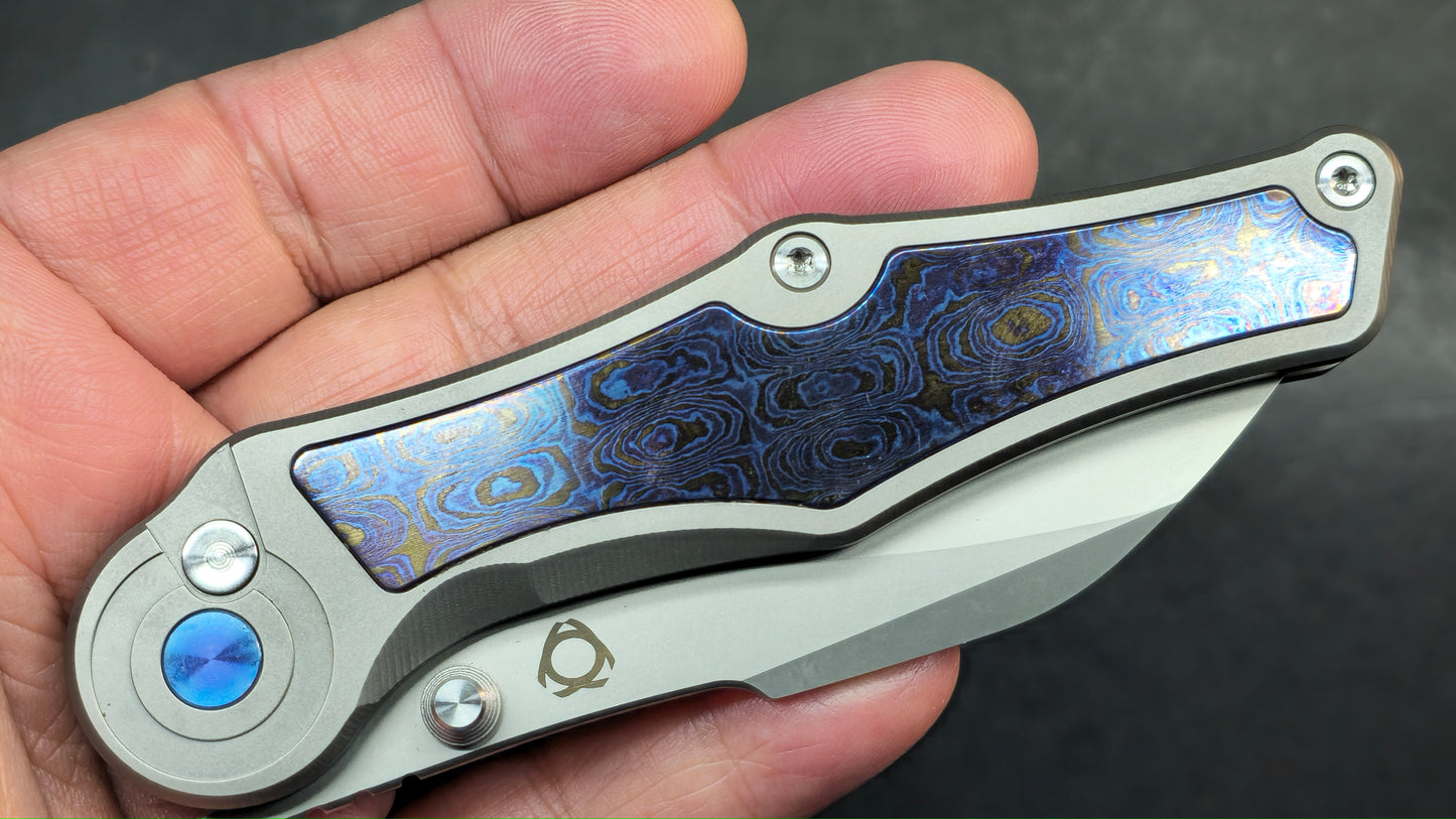 Sixleaf SL-99 Button Lock Blue Ano / TiDamascus 14C28N (SALE price in cart)