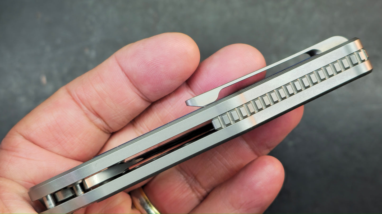 Sixleaf SL-99 Button Lock Blue Ano / TiDamascus 14C28N (SALE price in cart)