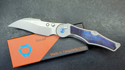 Sixleaf SL-99 Button Lock Blue Ano / TiDamascus 14C28N (SALE price in cart)