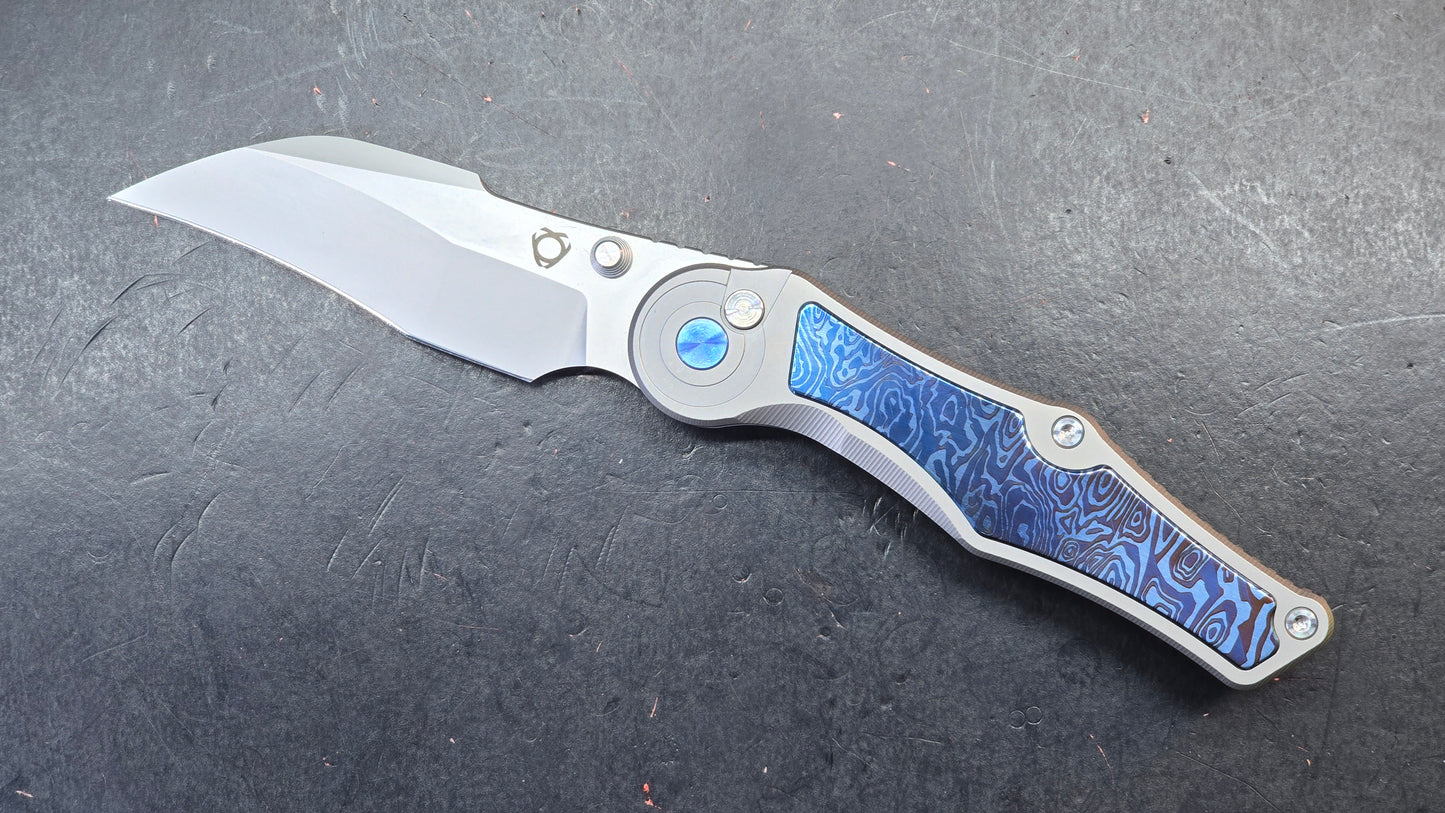 Sixleaf SL-99 Button Lock Blue Ano / TiDamascus 14C28N (SALE price in cart)