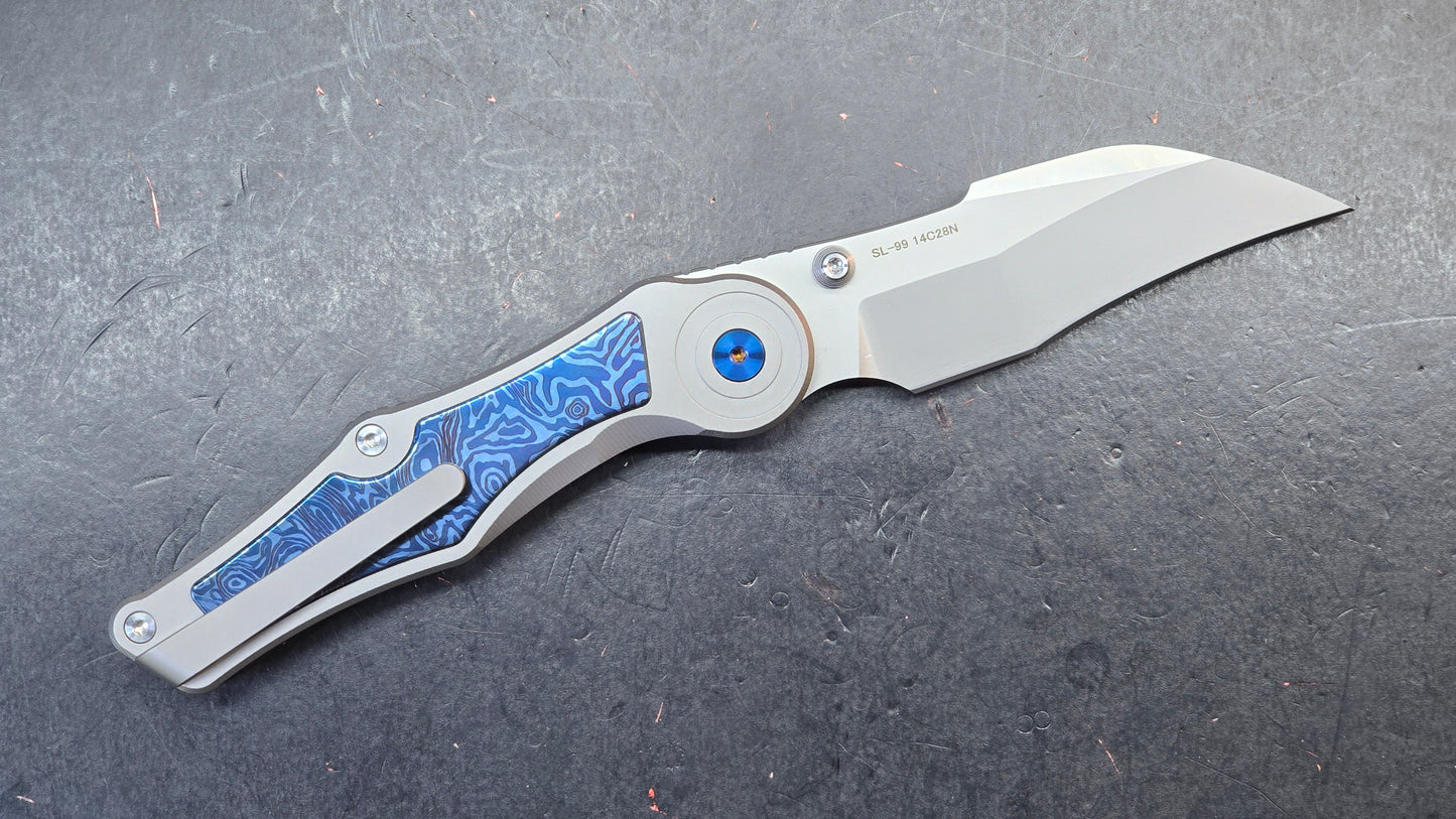 Sixleaf SL-99 Button Lock Blue Ano / TiDamascus 14C28N (SALE price in cart)