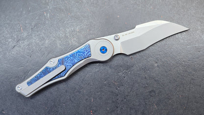 Sixleaf SL-99 Button Lock Blue Ano / TiDamascus 14C28N (SALE price in cart)