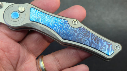 Sixleaf SL-99 Button Lock Blue Ano / TiDamascus 14C28N (SALE price in cart)