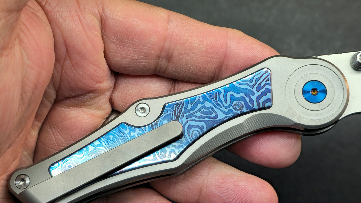 Sixleaf SL-99 Button Lock Blue Ano / TiDamascus 14C28N (SALE price in cart)