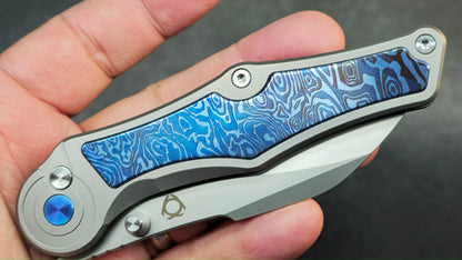 Sixleaf SL-99 Button Lock Blue Ano / TiDamascus 14C28N (SALE price in cart)