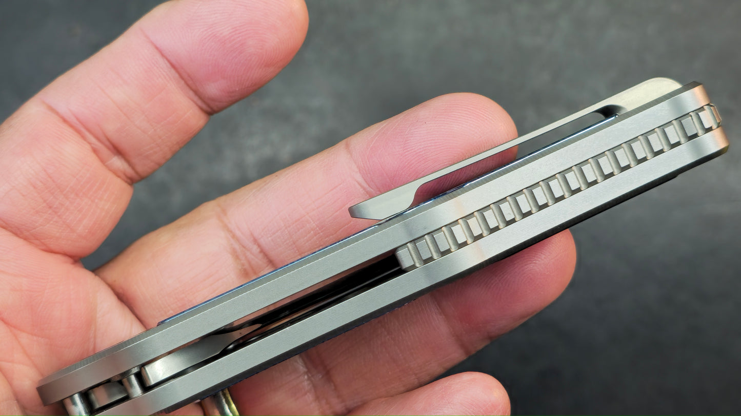 Sixleaf SL-99 Button Lock Blue Ano / TiDamascus 14C28N (SALE price in cart)