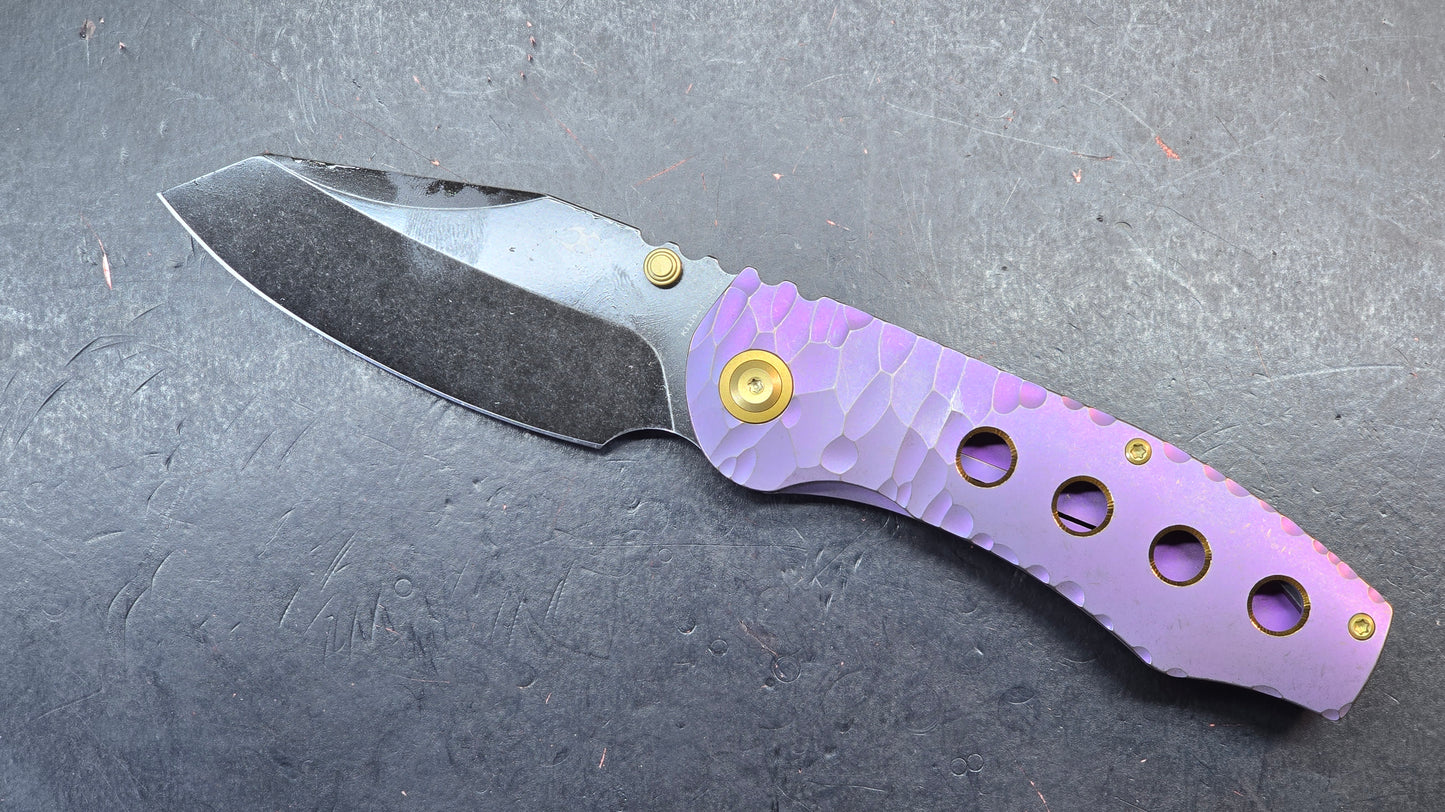 Kansept Caveman Purple Anodized and Stonewashed Titanium with CNC-machined Rock Pattern | 3.57" CPM 20CV Blade