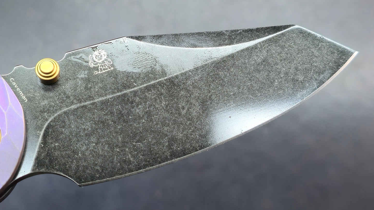 Kansept Caveman Purple Anodized and Stonewashed Titanium with CNC-machined Rock Pattern | 3.57" CPM 20CV Blade