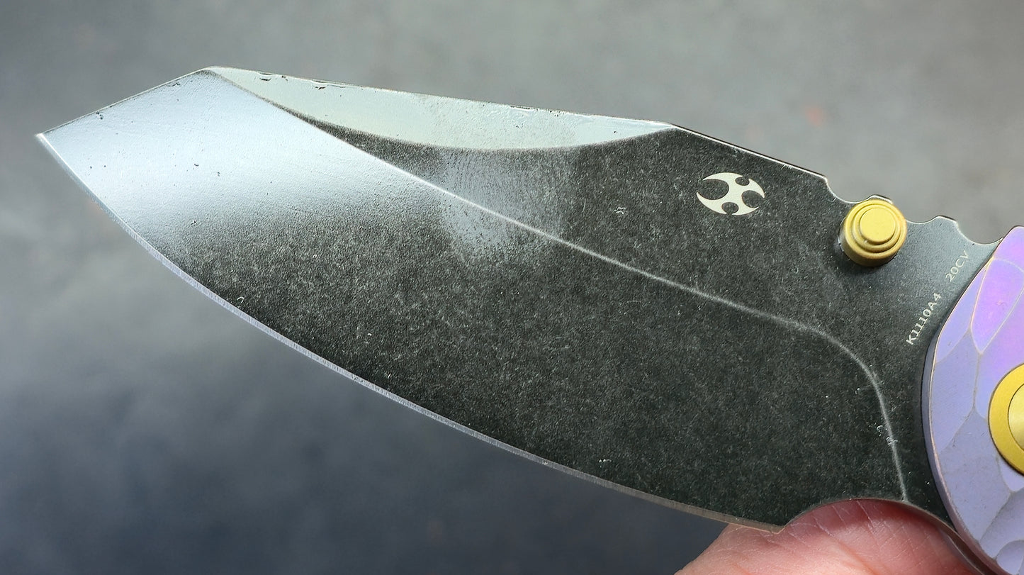 Kansept Caveman Purple Anodized and Stonewashed Titanium with CNC-machined Rock Pattern | 3.57" CPM 20CV Blade
