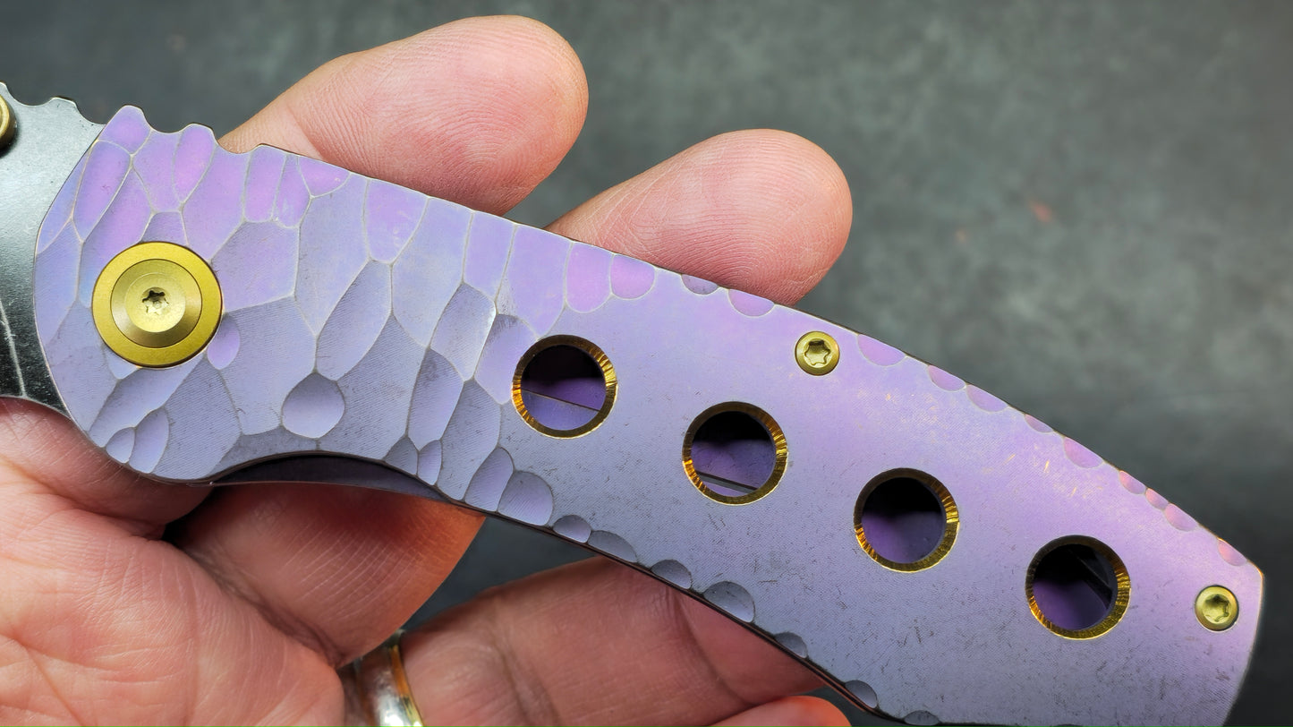 Kansept Caveman Purple Anodized and Stonewashed Titanium with CNC-machined Rock Pattern | 3.57" CPM 20CV Blade