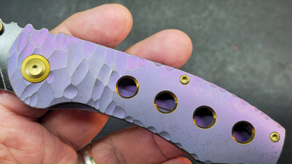 Kansept Caveman Purple Anodized and Stonewashed Titanium with CNC-machined Rock Pattern | 3.57" CPM 20CV Blade