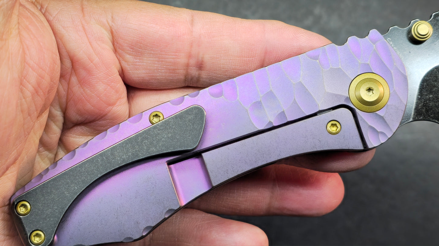 Kansept Caveman Purple Anodized and Stonewashed Titanium with CNC-machined Rock Pattern | 3.57" CPM 20CV Blade