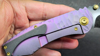 Kansept Caveman Purple Anodized and Stonewashed Titanium with CNC-machined Rock Pattern | 3.57" CPM 20CV Blade