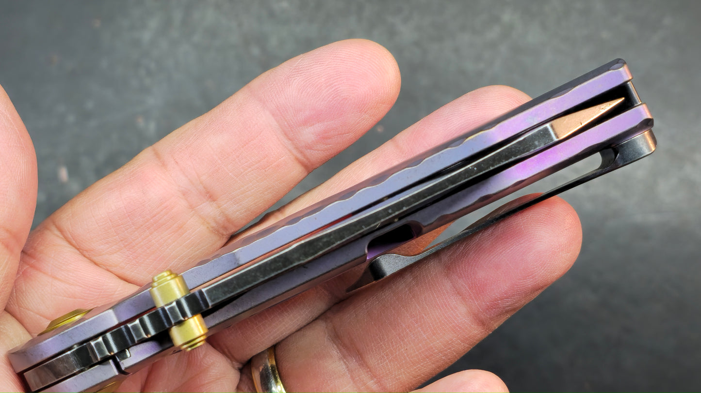 Kansept Caveman Purple Anodized and Stonewashed Titanium with CNC-machined Rock Pattern | 3.57" CPM 20CV Blade