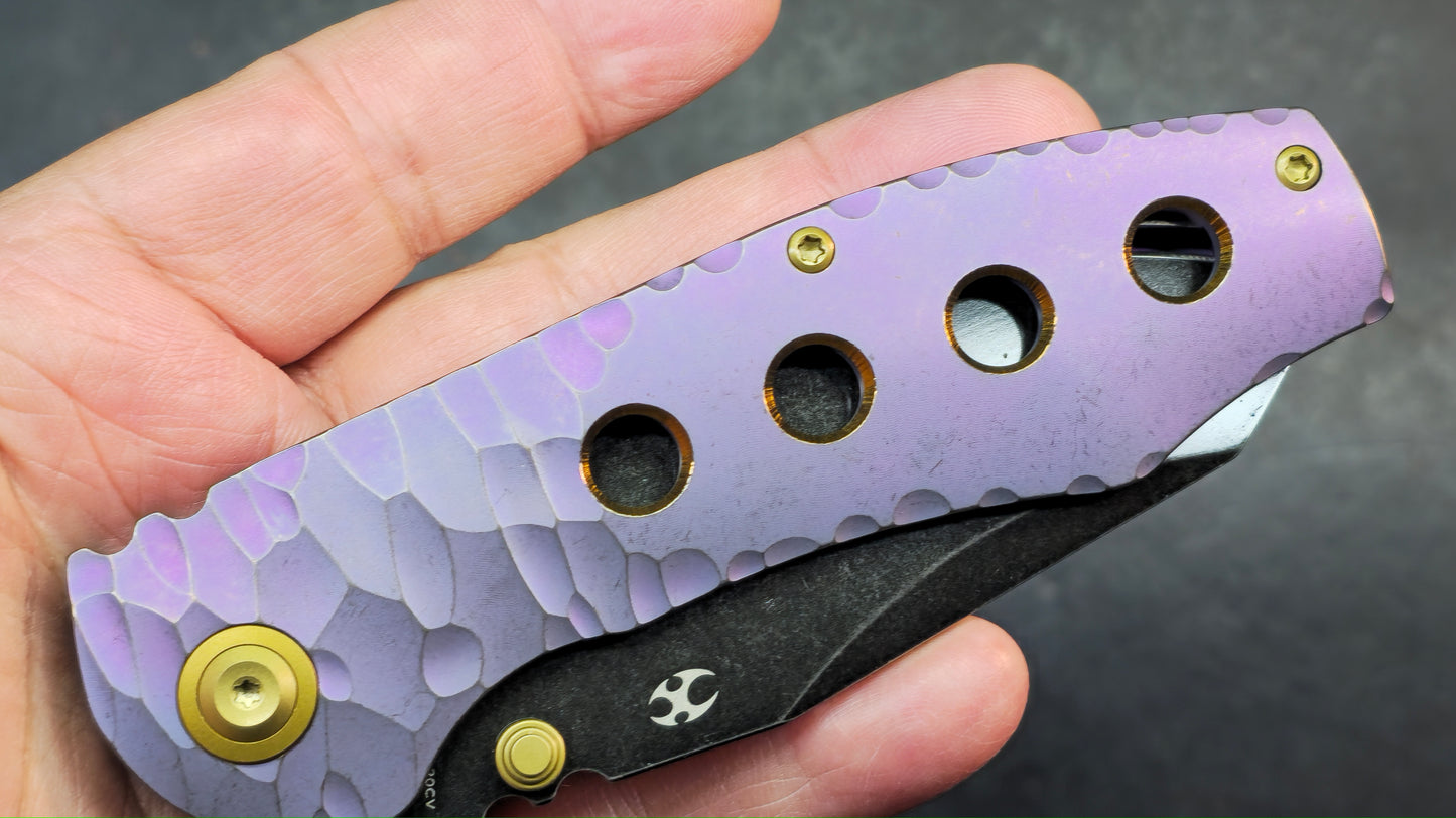 Kansept Caveman Purple Anodized and Stonewashed Titanium with CNC-machined Rock Pattern | 3.57" CPM 20CV Blade