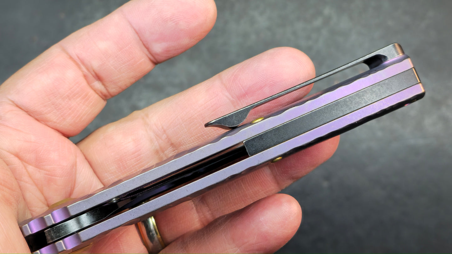 Kansept Caveman Purple Anodized and Stonewashed Titanium with CNC-machined Rock Pattern | 3.57" CPM 20CV Blade