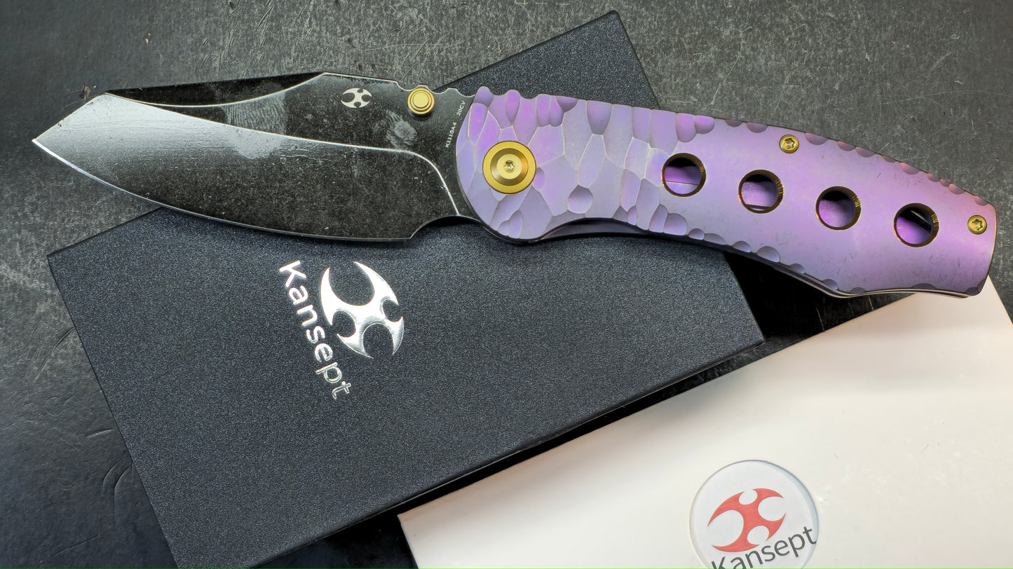 Kansept Caveman Purple Anodized and Stonewashed Titanium with CNC-machined Rock Pattern | 3.57" CPM 20CV Blade