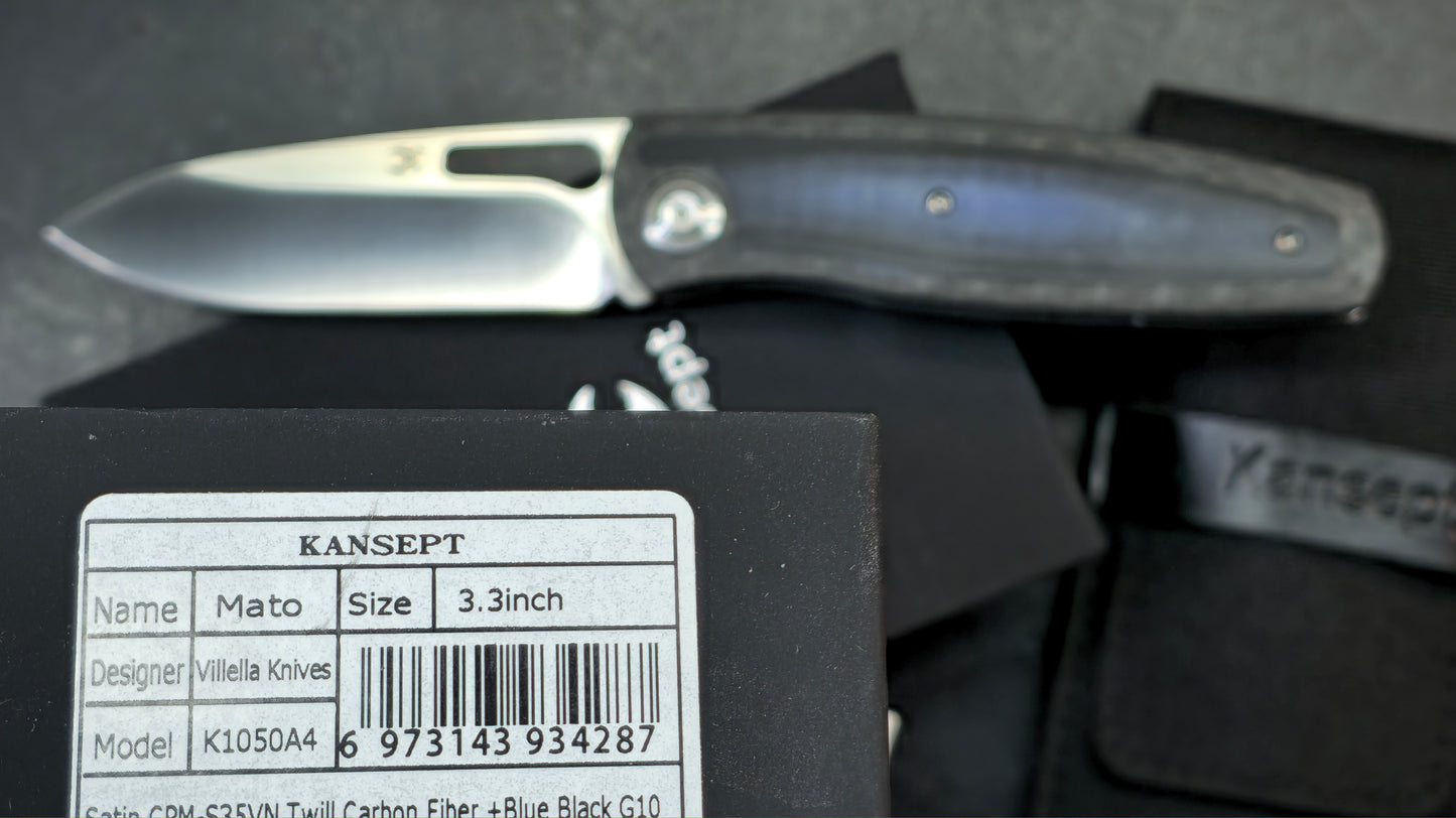 Kansept Mato Twill Carbon Fiber Blue/Black G10 Inlays 3.3" S35VN (DISCOUNT IN CART)