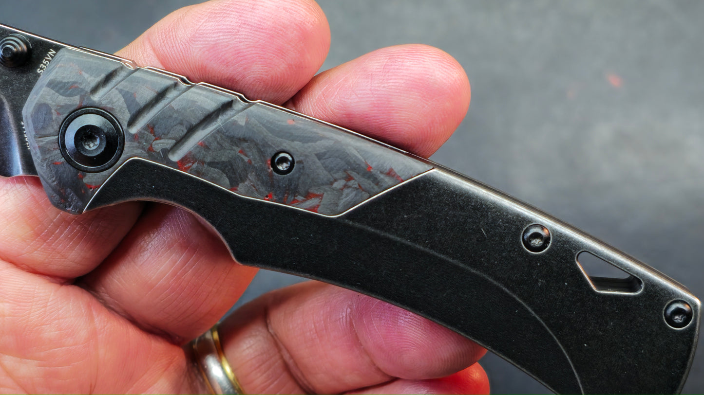 Kansept Weim Black/Red Titanium/Twill Carbon Fiber S35VN Sheepsfoot (DISCOUNT IN CART)