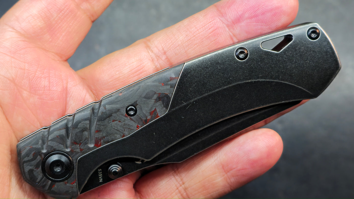 Kansept Weim Black/Red Titanium/Twill Carbon Fiber S35VN Sheepsfoot (DISCOUNT IN CART)