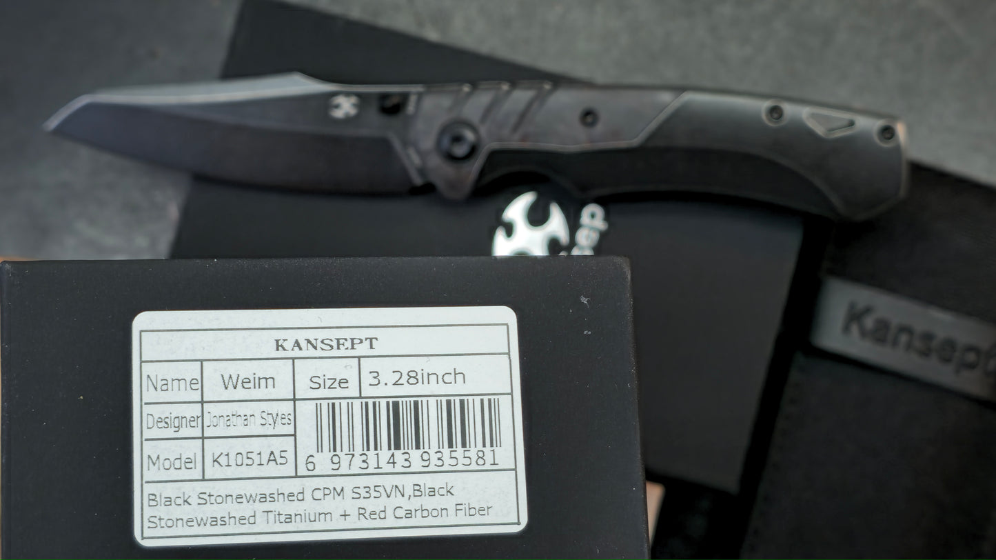 Kansept Weim Black/Red Titanium/Twill Carbon Fiber S35VN Sheepsfoot (DISCOUNT IN CART)
