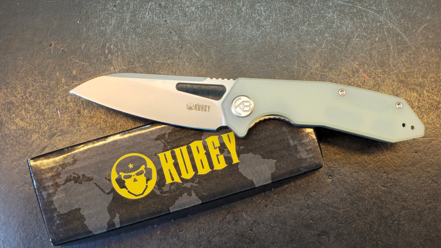 Kubey Vagrant Folding Knife Jade G10 Handle 14C28N
