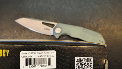 Kubey Vagrant Folding Knife Jade G10 Handle 14C28N