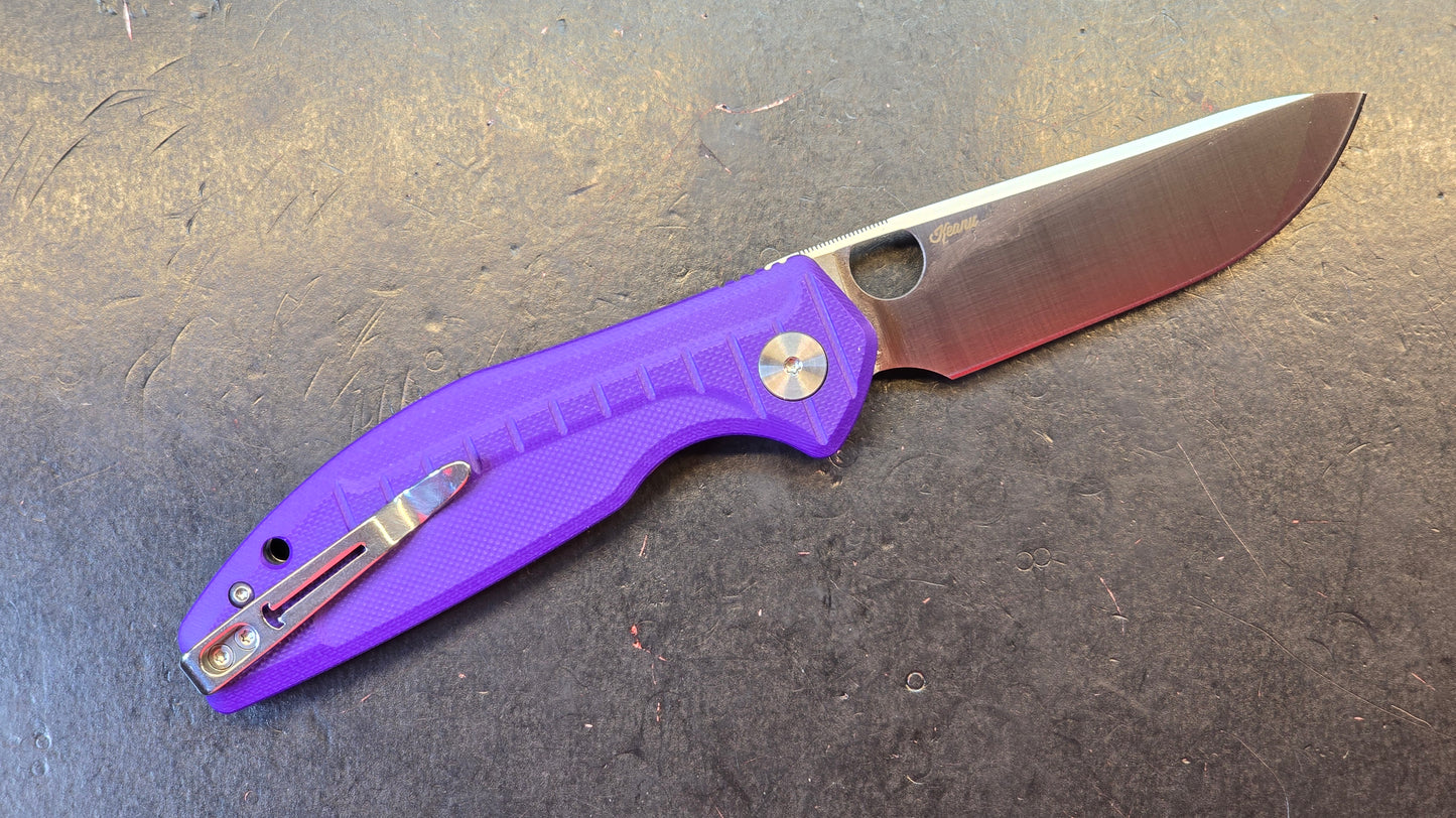 Bestechman Angry Owl Button liner lock Black/Purple G10 Handle D2