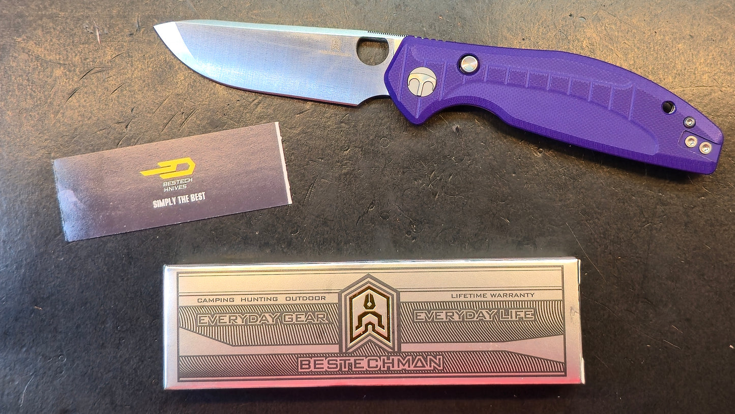 Bestechman Angry Owl Button liner lock Black/Purple G10 Handle D2