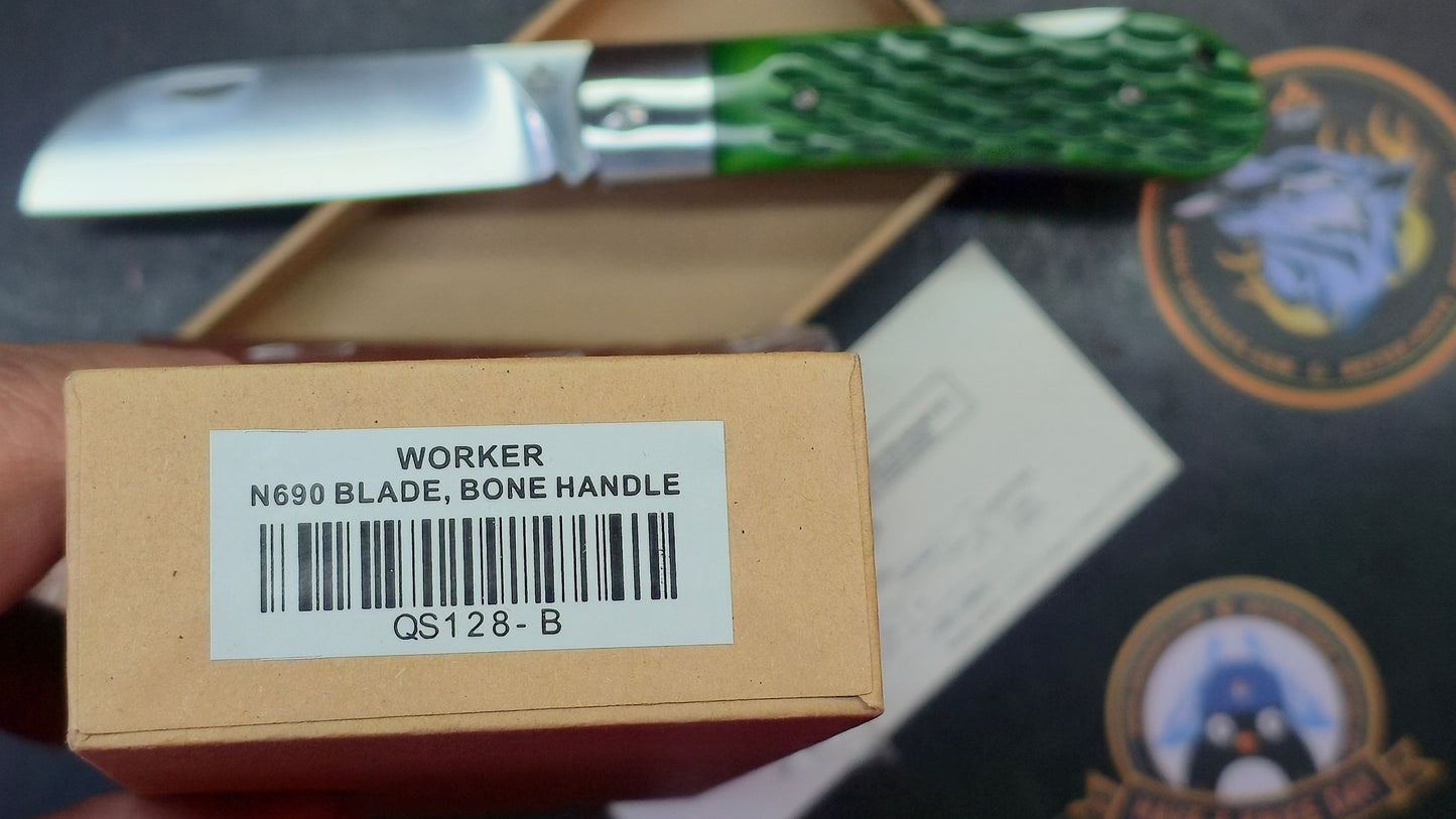 QSP Worker Green Jimped Bone - Blue CF/G10 Handle N690