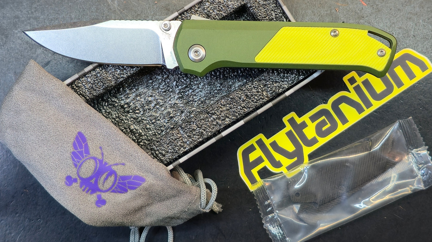 Flytanium Arcade Olive Drab Aluminum Handle W/Yellow & Black inserts S35VN