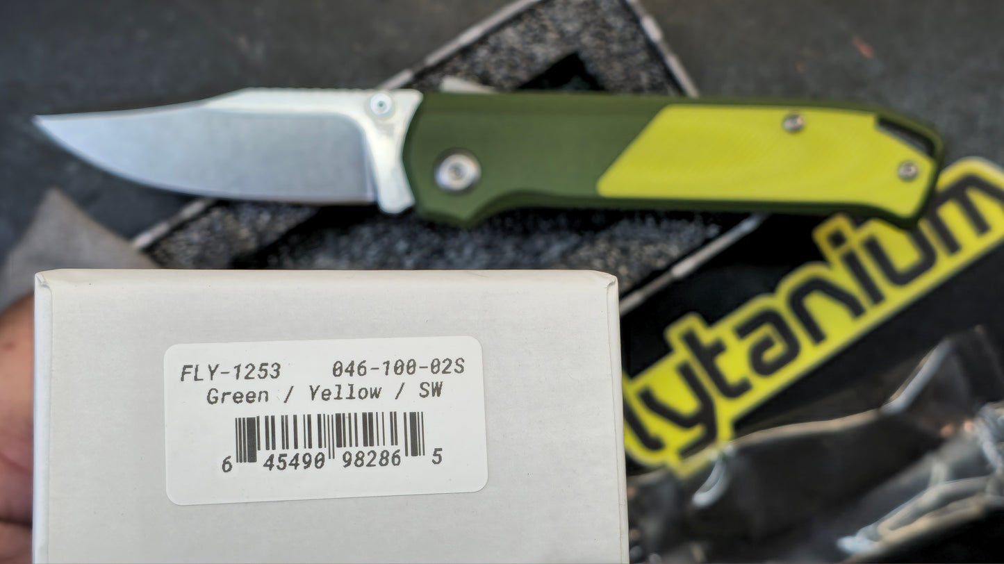 Flytanium Arcade Olive Drab Aluminum Handle W/Yellow & Black inserts S35VN