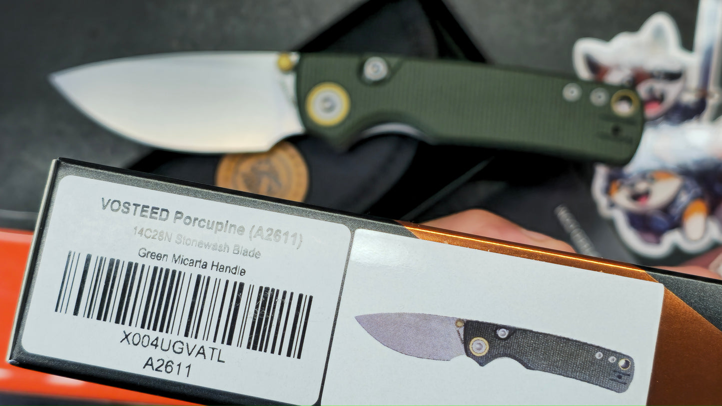 Vosteed Porcupine Button Top Liner Lock Micarta 14C28N