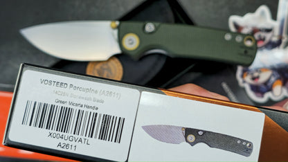 Vosteed Porcupine Button Top Liner Lock Micarta 14C28N