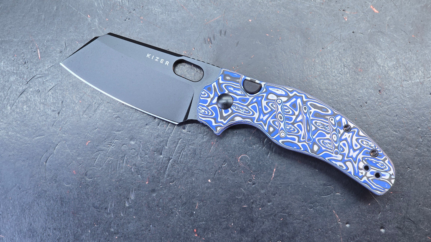 Kizer C01C Button Liner Lock Blue Vortex Micarta Nitro-V PVD